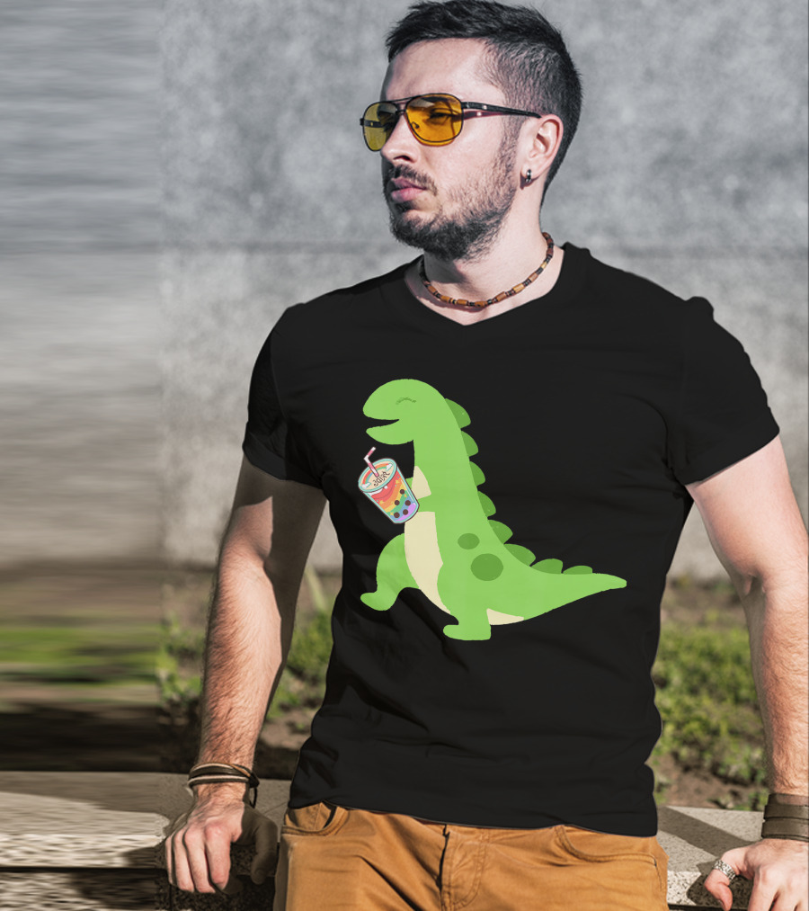 Dino Drinking Bubble Tea With Colorful Boba T-Shirt