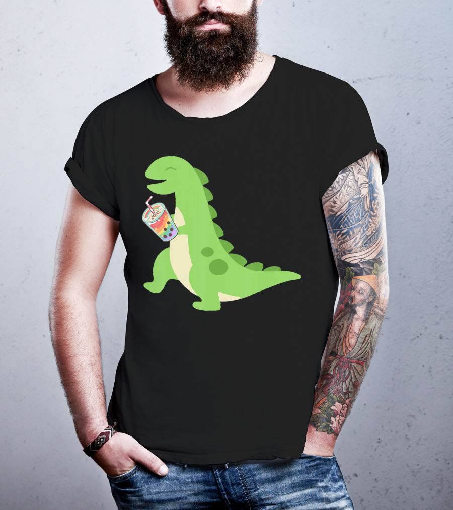 Dino Drinking Bubble Tea With Colorful Boba T-Shirt