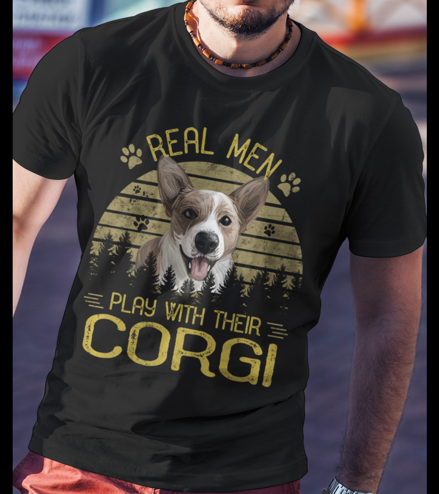 Real Men Play With Their Corgi Dog Adventure Forest Scene T-Shirt