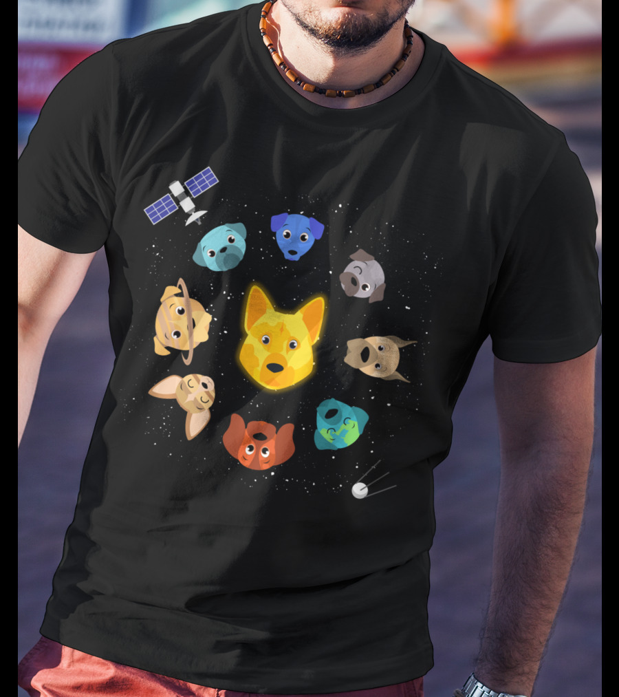 Dogs In Space Puppy Heads Orbiting With Rocket And Satellite T-Shirt