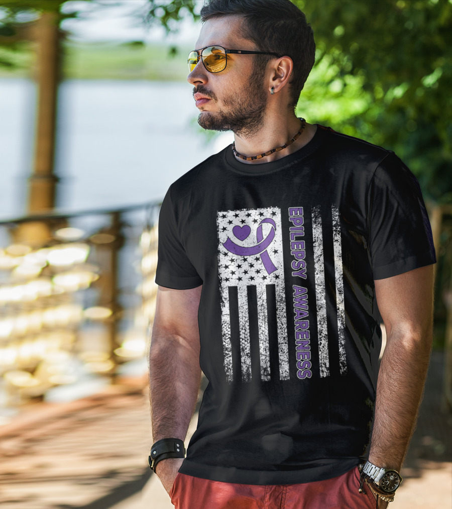 Epilepsy Awareness Flag Purple Ribbon Heart Warrior T-Shirt