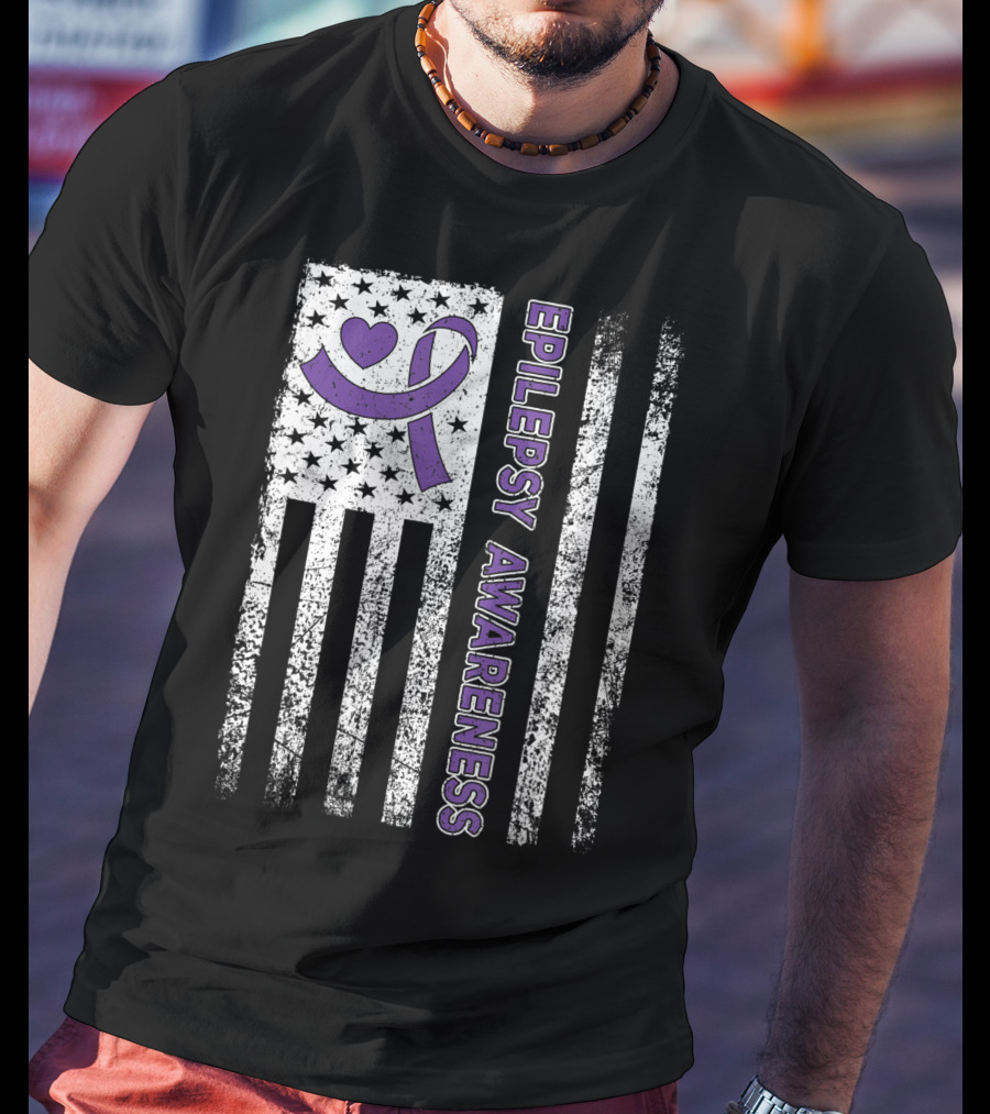 Epilepsy Awareness Flag Purple Ribbon Heart Warrior T-Shirt