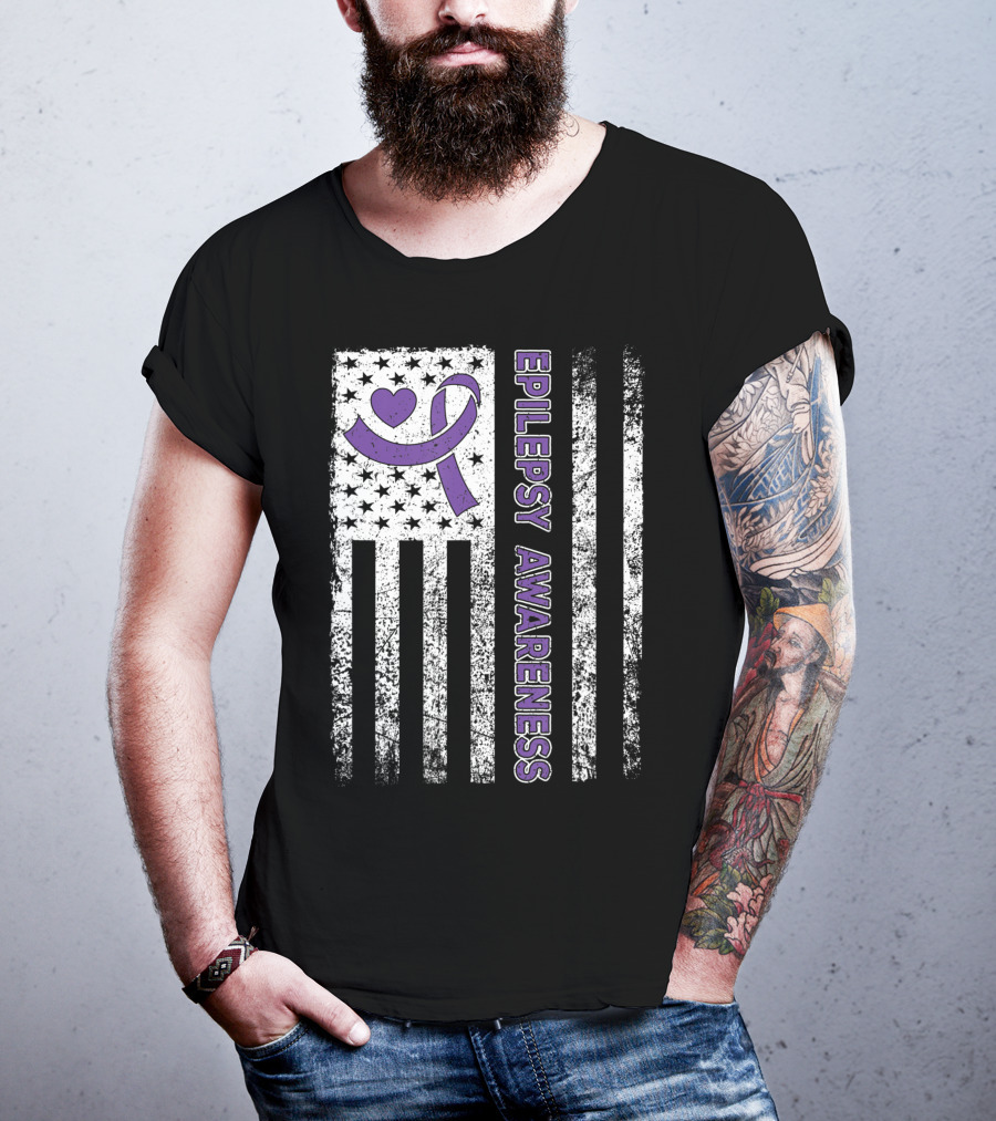 Epilepsy Awareness Flag Purple Ribbon Heart Warrior T-Shirt