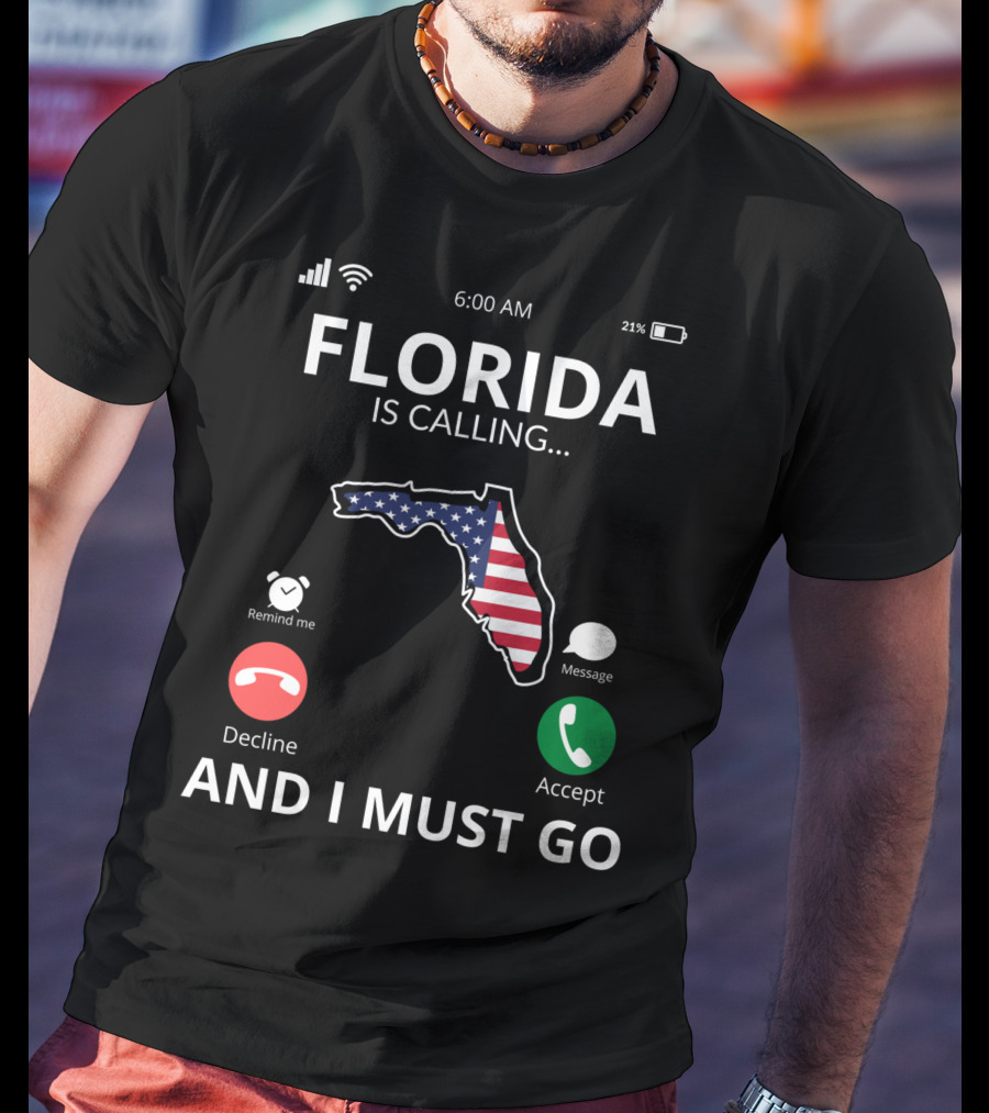 Florida Is Calling And I Must Go American Flag Florida Map T-Shirt
