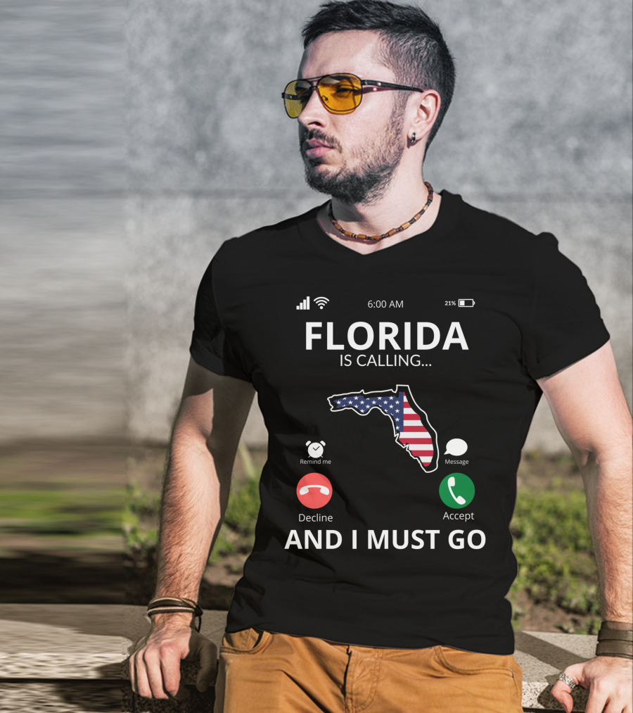 Florida Is Calling And I Must Go American Flag Florida Map T-Shirt