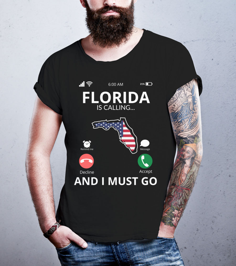 Florida Is Calling And I Must Go American Flag Florida Map T-Shirt