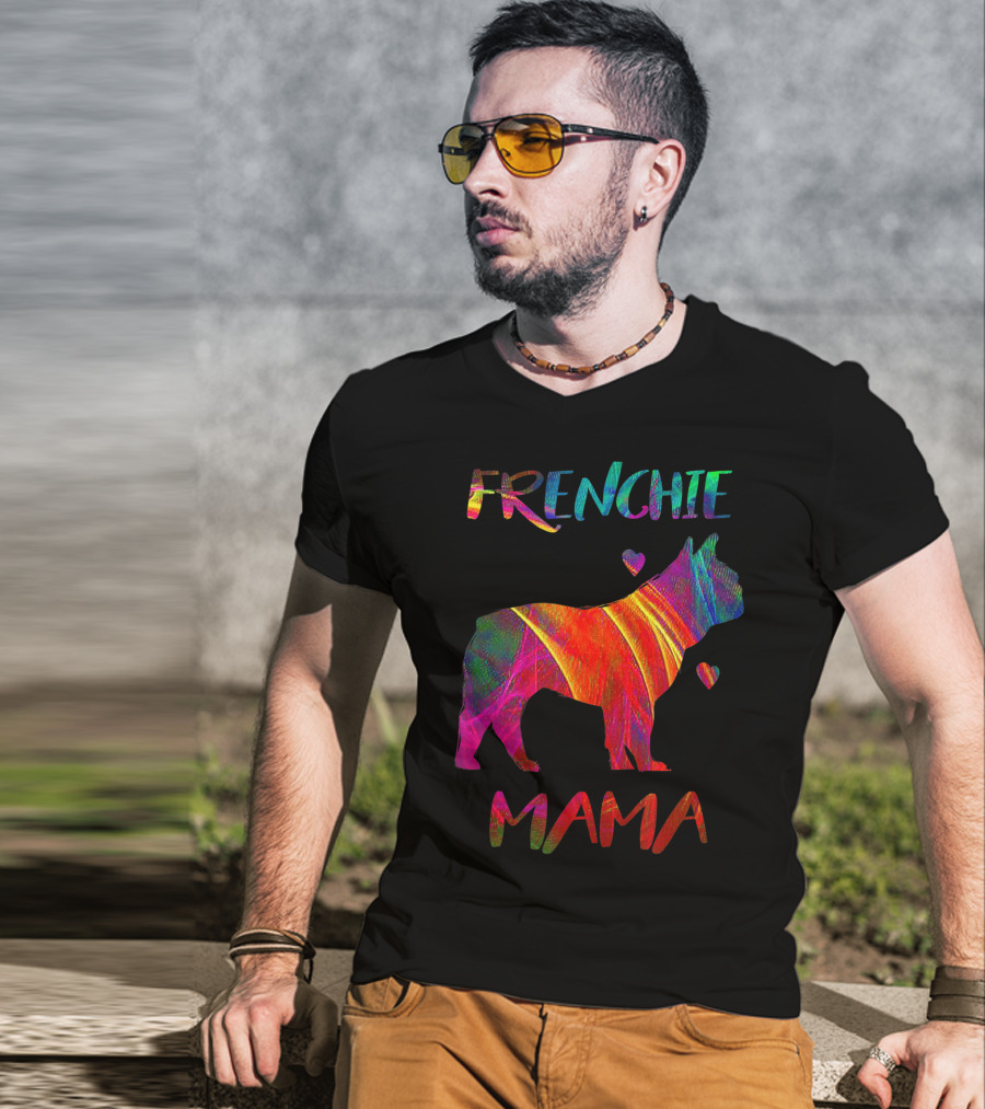 Frenchie Mama Colorful Bulldog Owner Graphic With Heart Accents T-Shirt