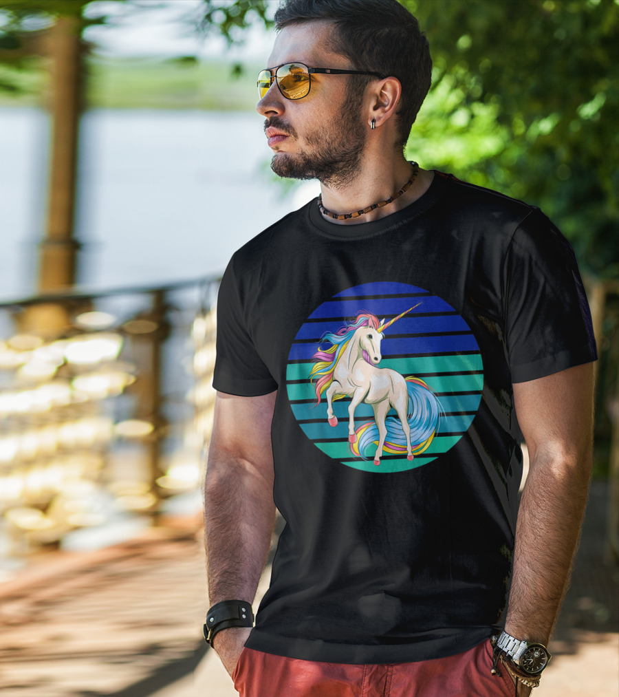 Girls Unicorn Rainbow Striped Sunset T-Shirt