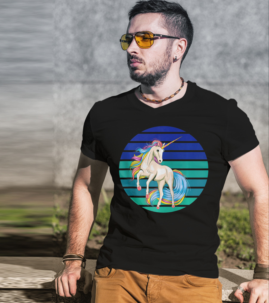 Girls Unicorn Rainbow Striped Sunset T-Shirt