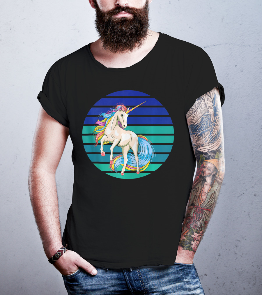 Girls Unicorn Rainbow Striped Sunset T-Shirt