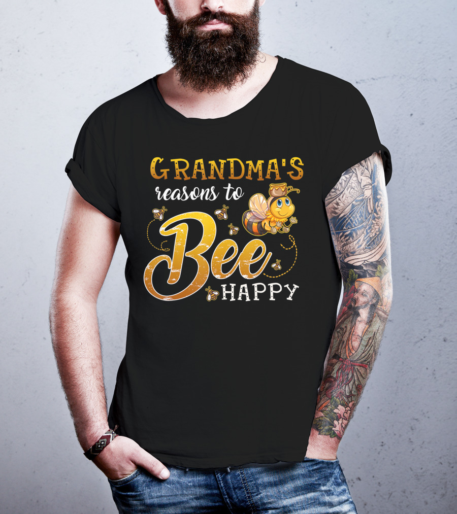 Grandma's Reasons To Bee Happy With Cute Cartoon Bee And Swarm T-Shirt