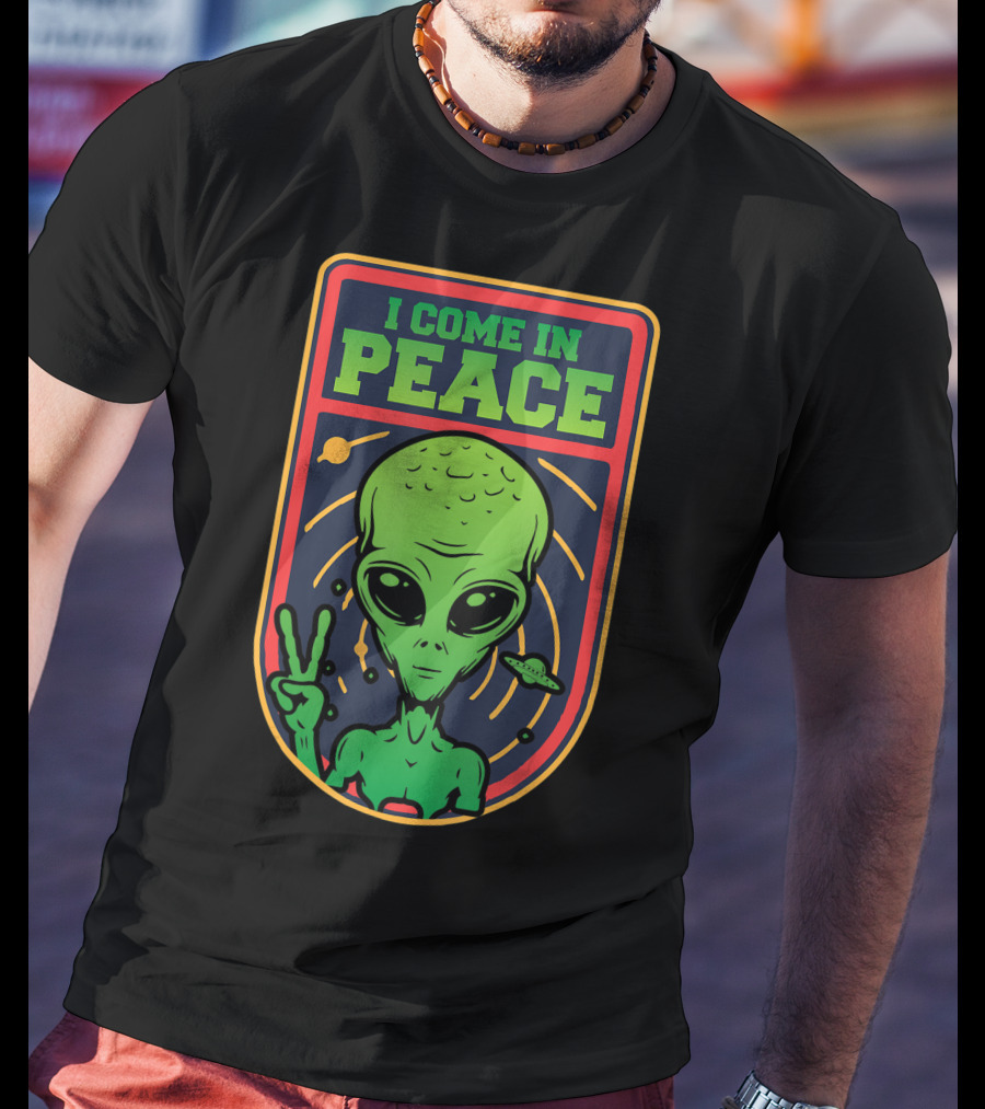 I Come In Peace Green Alien Face Head With UFO And Peace Sign T-Shirt