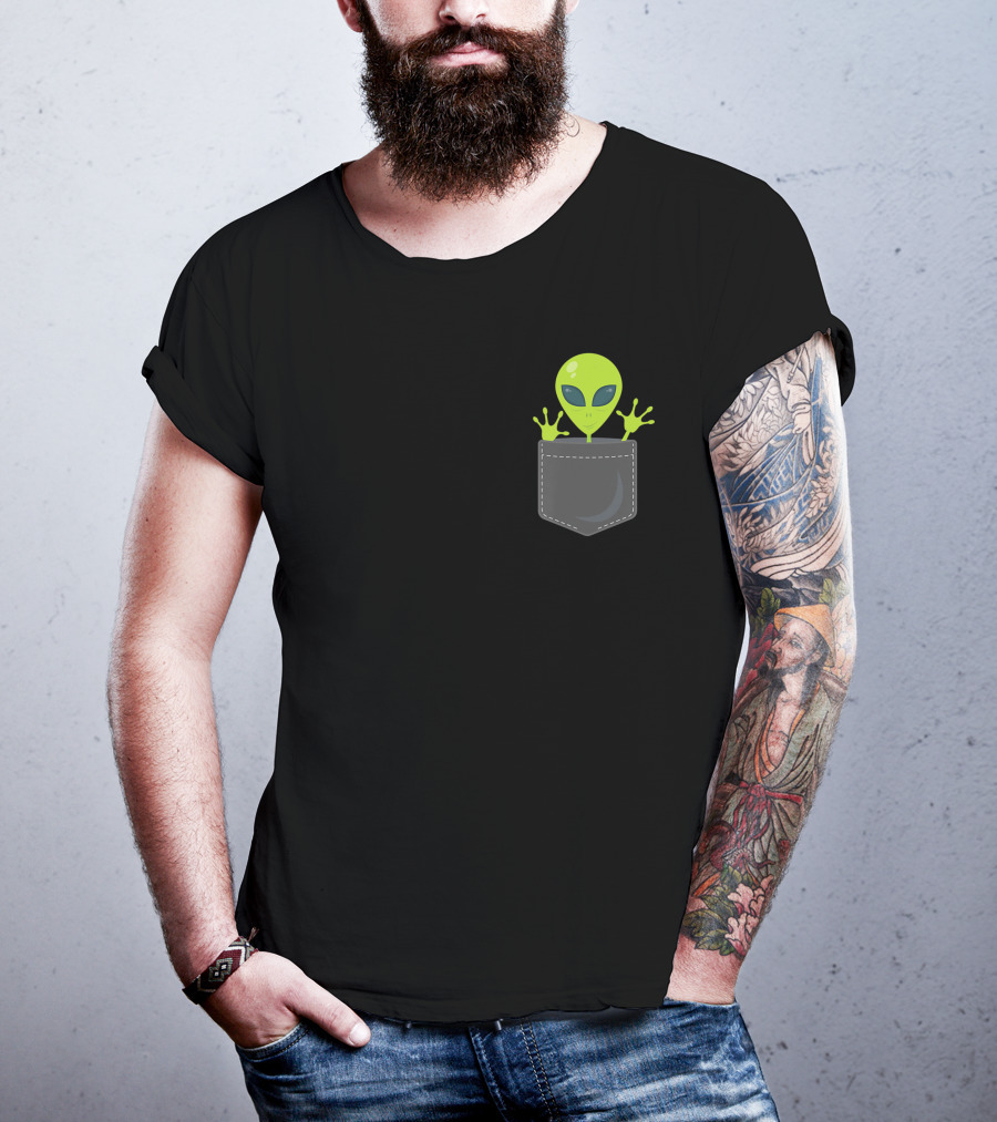 Green Cute Alien Peeking From Pocket T-Shirt