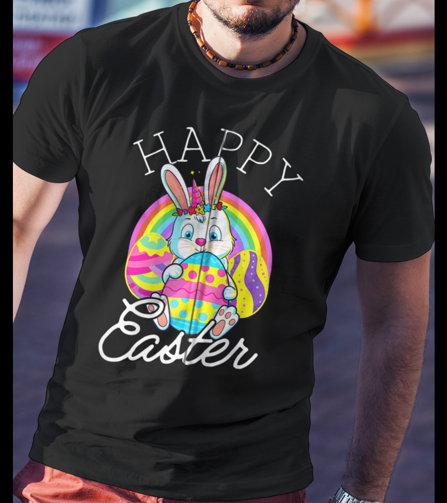 Happy Easter Unicorn Bunny Rabbit Eggs Rainbow Cute Kids Girls Women T-Shirt