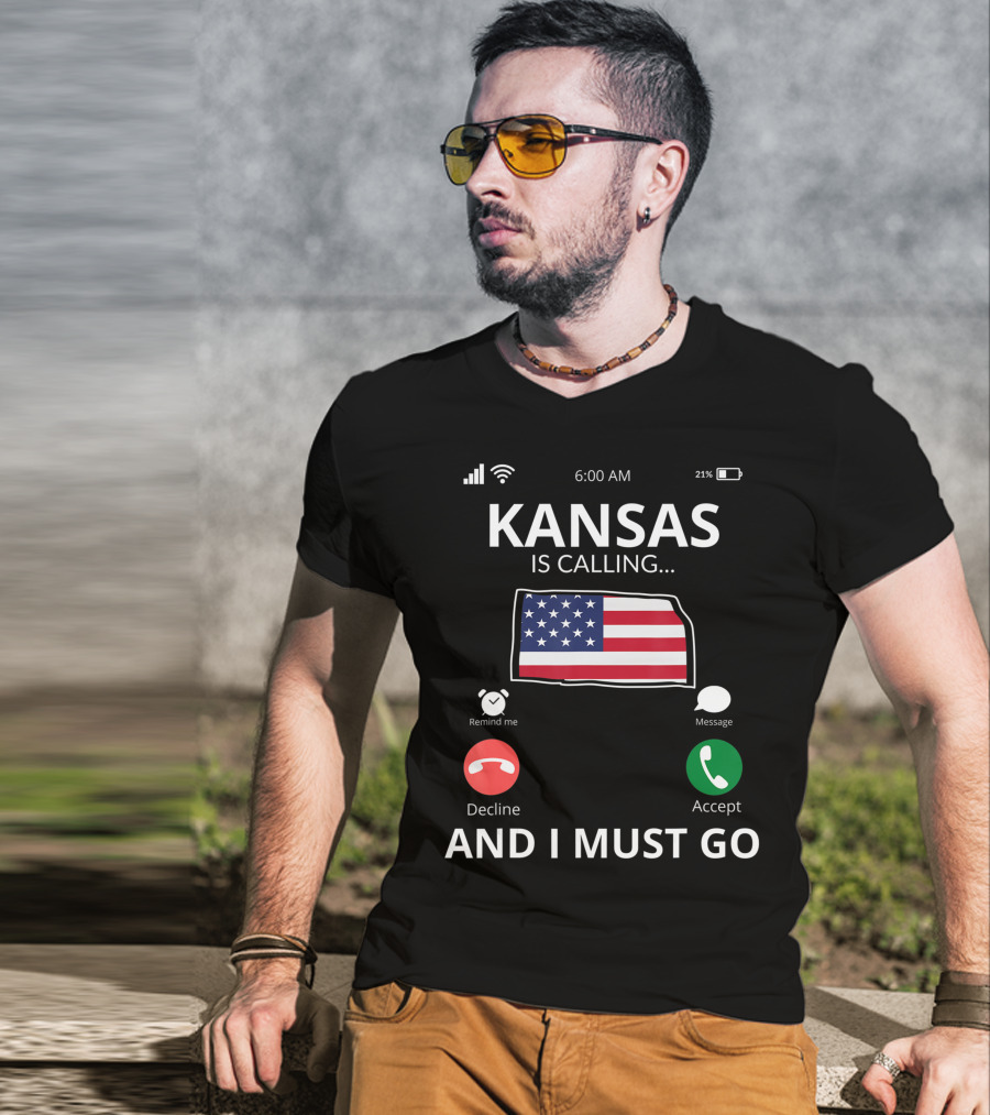 Kansas Is Calling And I Must Go Kansas Flag Mobile Screen T-Shirt