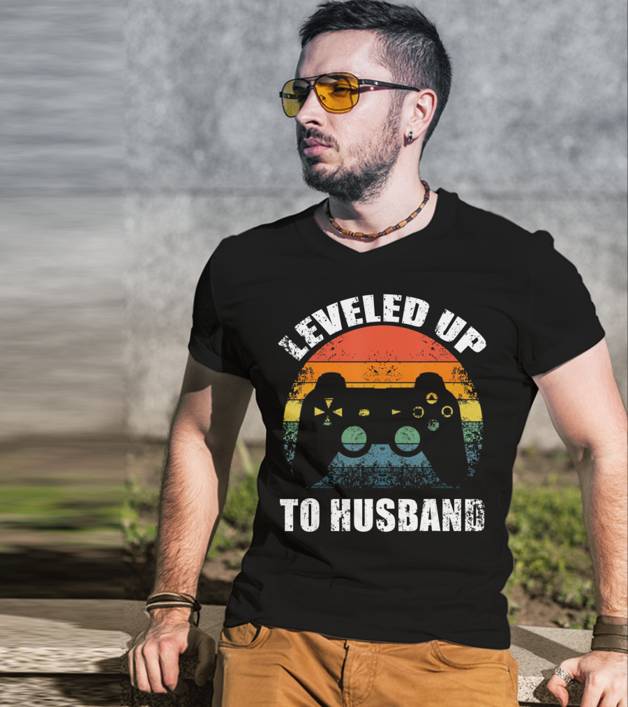 Leveled Up To Husband Retro Video Game Controller Wedding Announcement T-Shirt