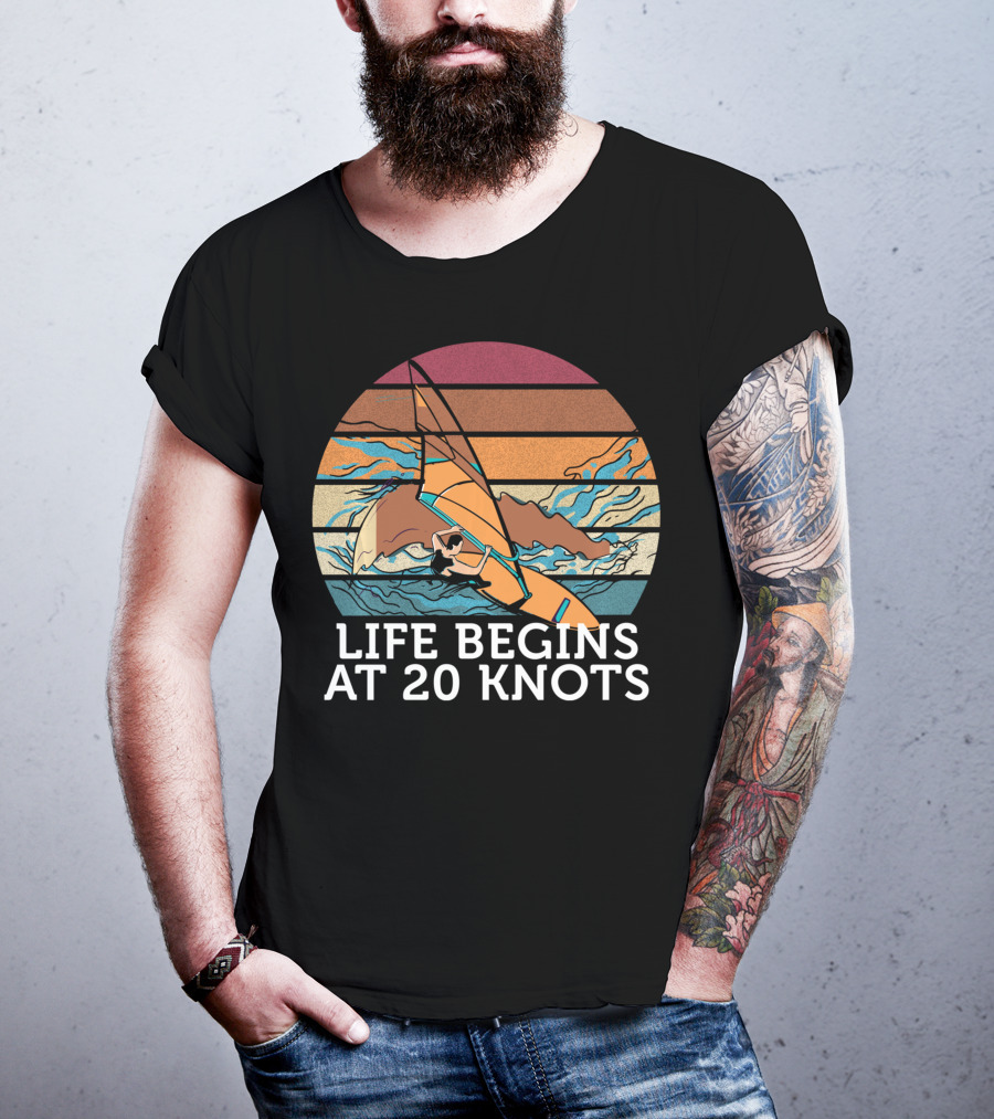 Life Begins At 20 Knots Vintage Sunset Beach Surfing Windsurfing Ocean Waves T-Shirt