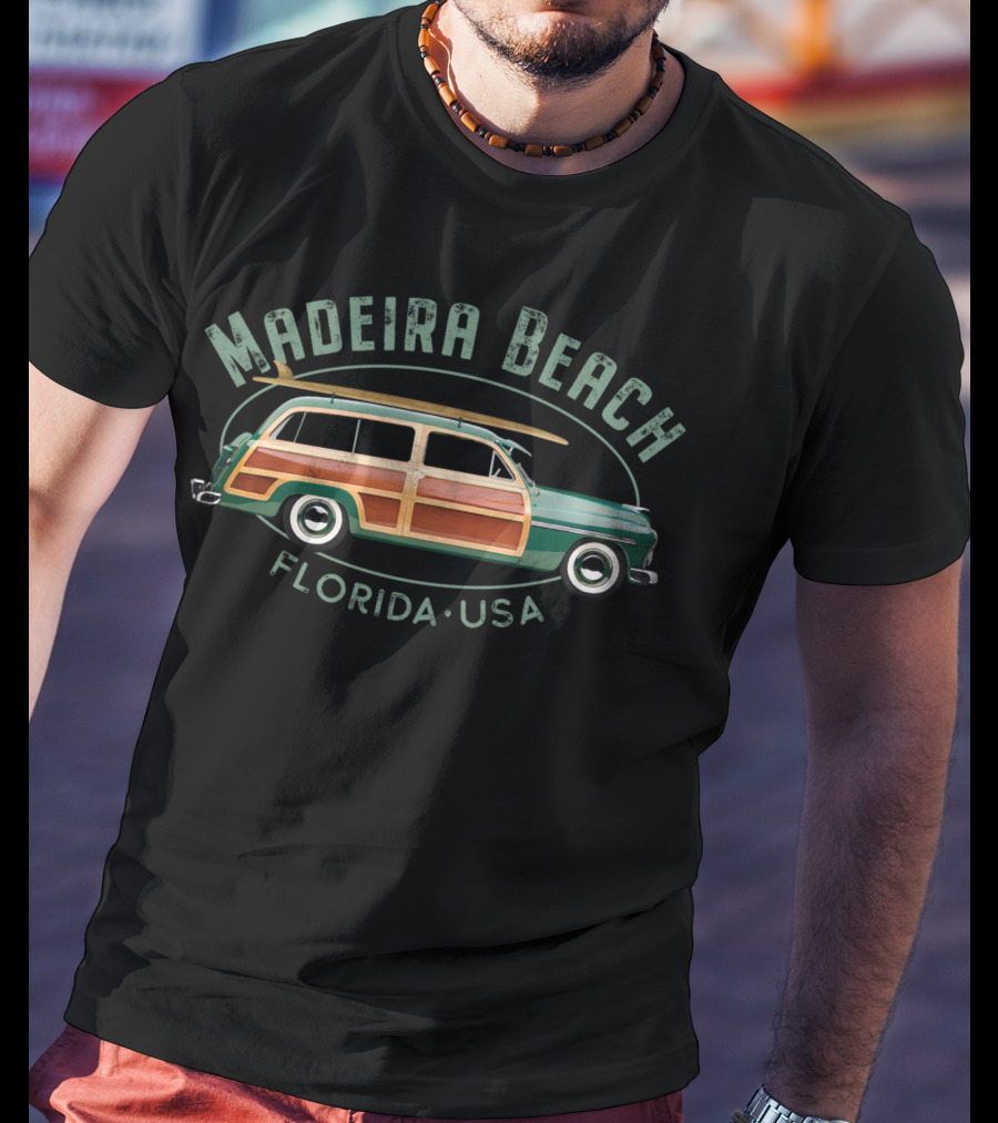 Madeira Beach Florida USA Vintage Surfing Woody Car Surfboard T-Shirt