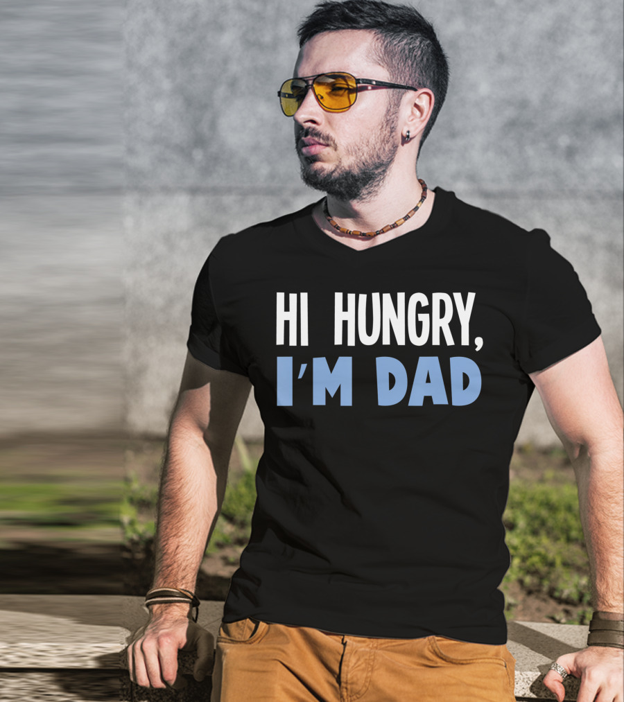 HI Hungry I'm Dad Black Background White Blue Text T-Shirt