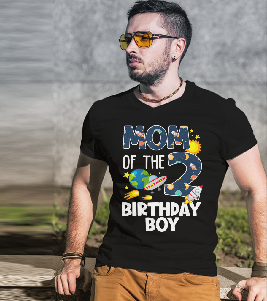 Mom Of The 2 Birthday Boy Rocket Space Planets Ufo Sun Star T-Shirt