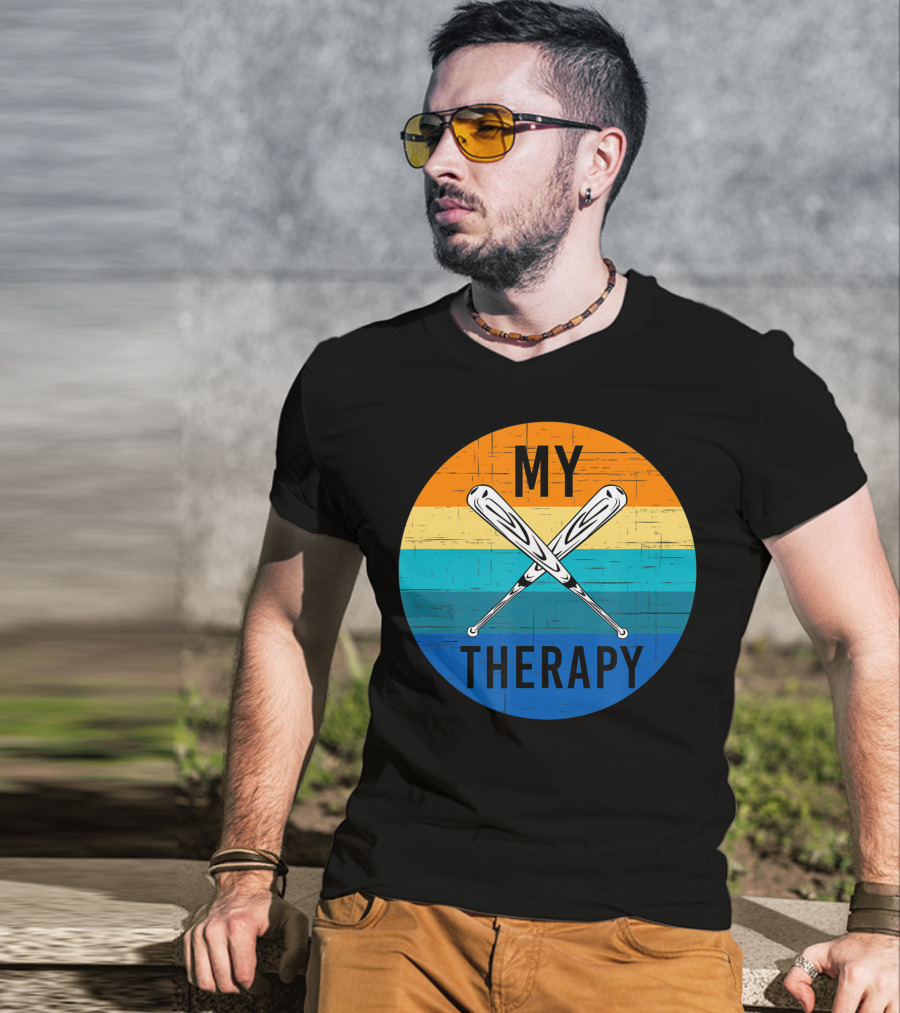 My Therapy Is Baseball American Baseball Fan Training Top Vintage Retro Crossed Bats T-Shirt