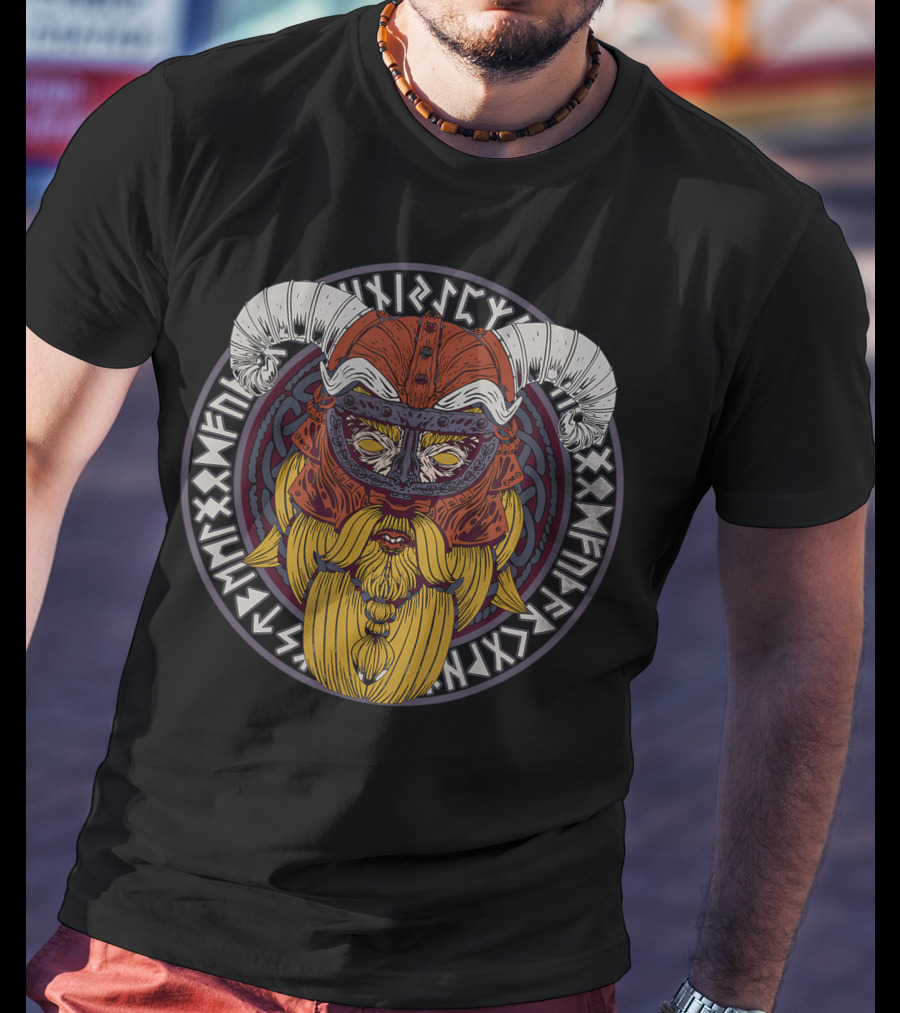 Viking Helmet With Horns And Valknut Surrounded By Nordic Runes T-Shirt