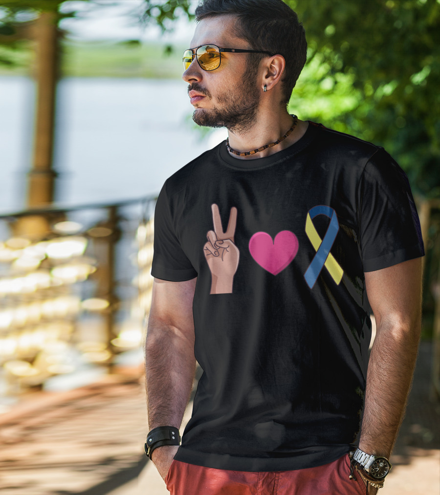 Peace Love Down Syndrome Awareness Blue Yellow T-Shirt