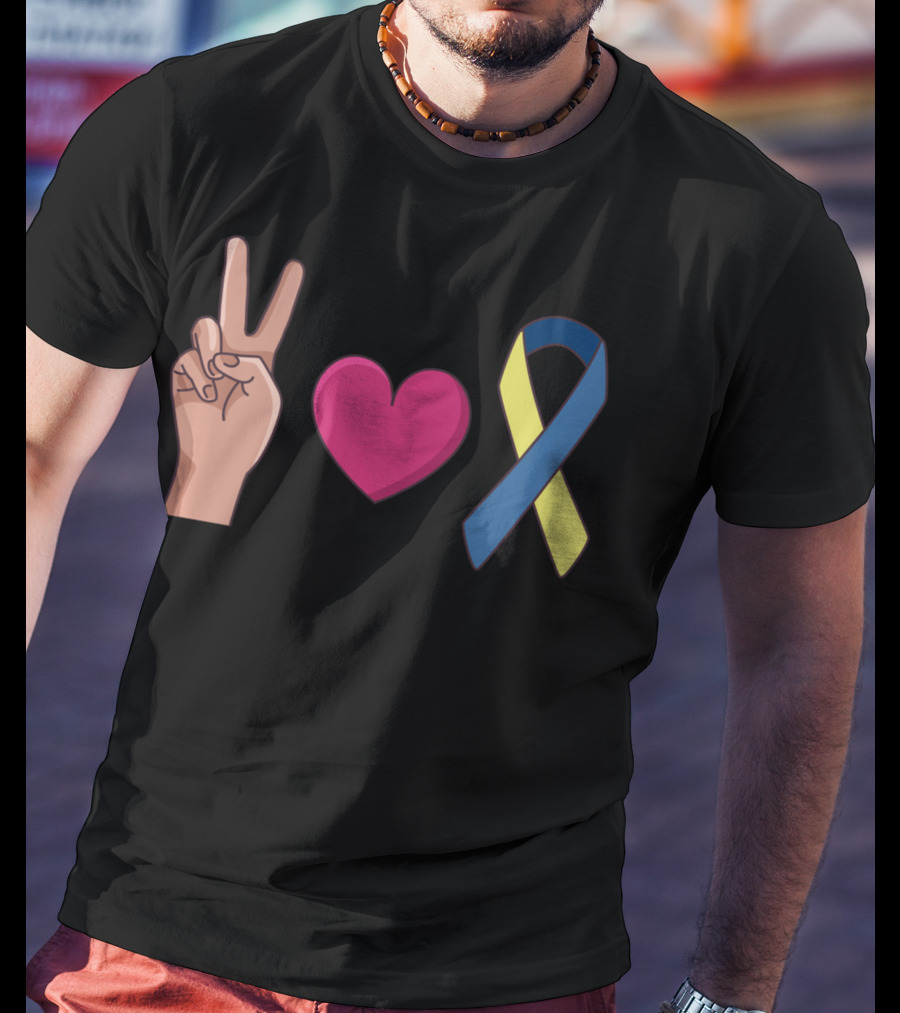Peace Love Down Syndrome Awareness Blue Yellow T-Shirt