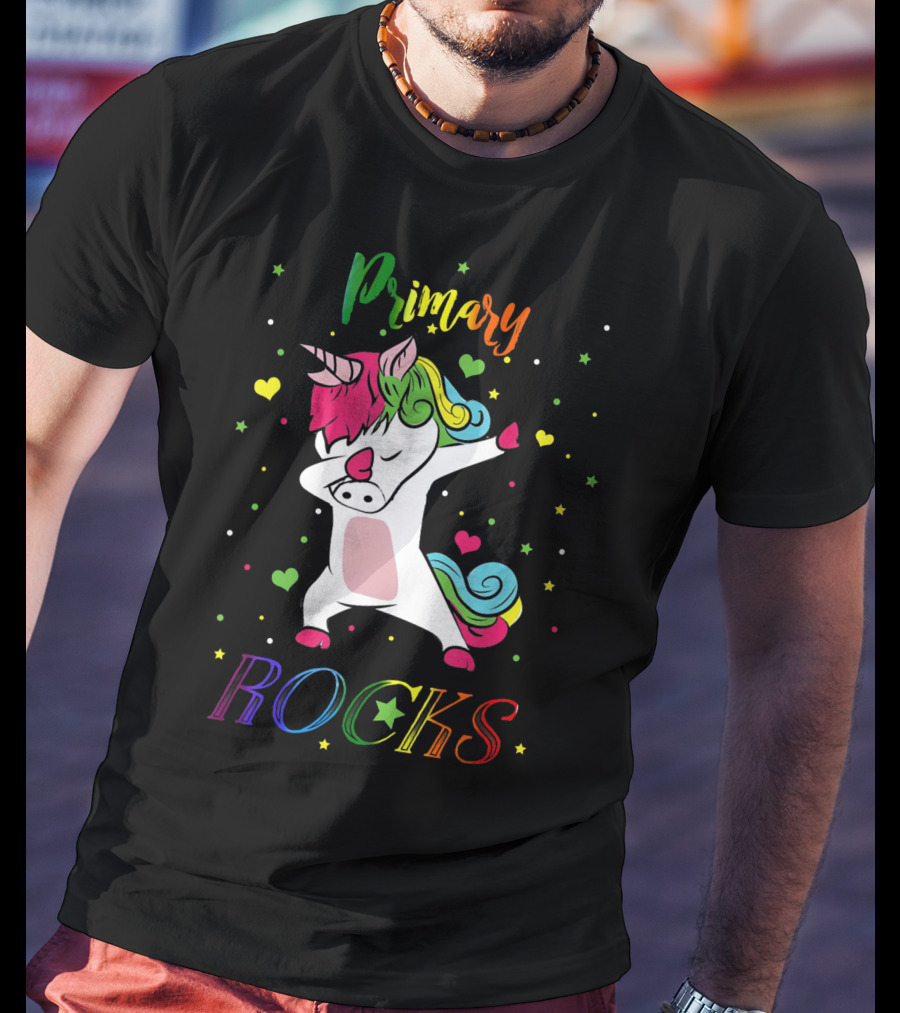 Primary Rocks Colorful Dabbing Unicorn With Hearts And Stars T-Shirt