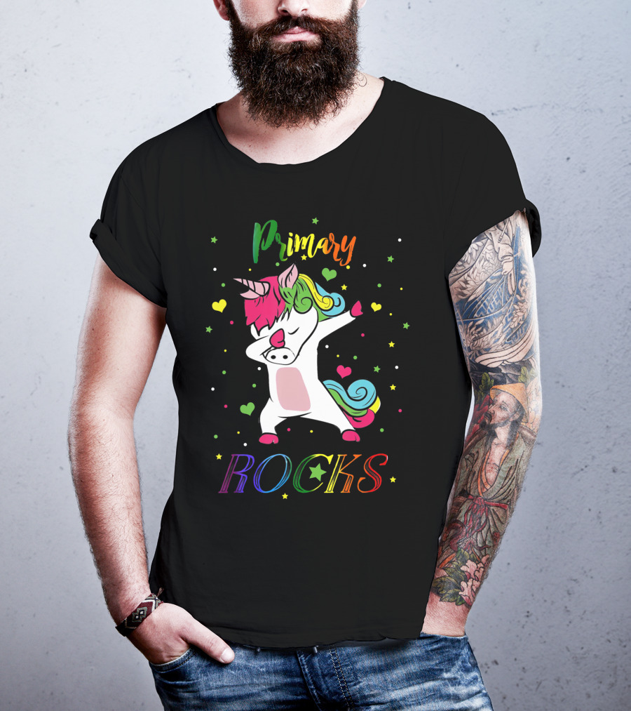 Primary Rocks Colorful Dabbing Unicorn With Hearts And Stars T-Shirt