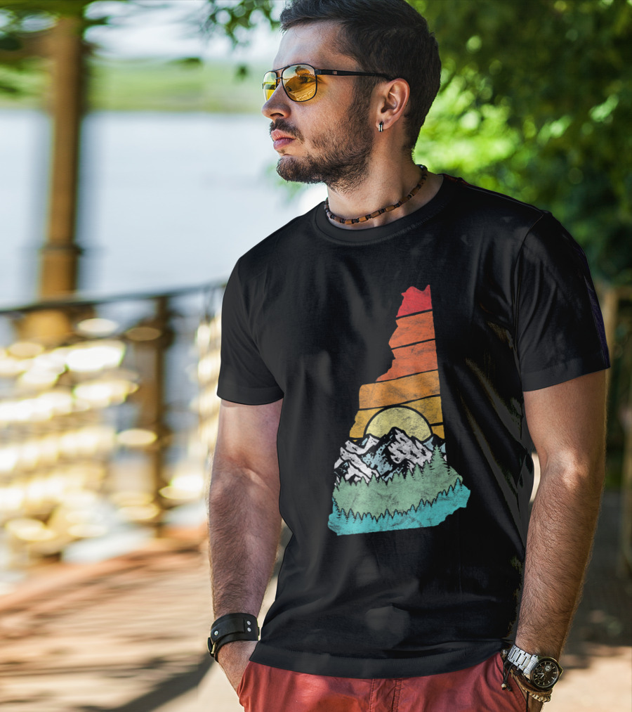 Retro New Hampshire State Outline With Mountains And Forest Sunset T-Shirt