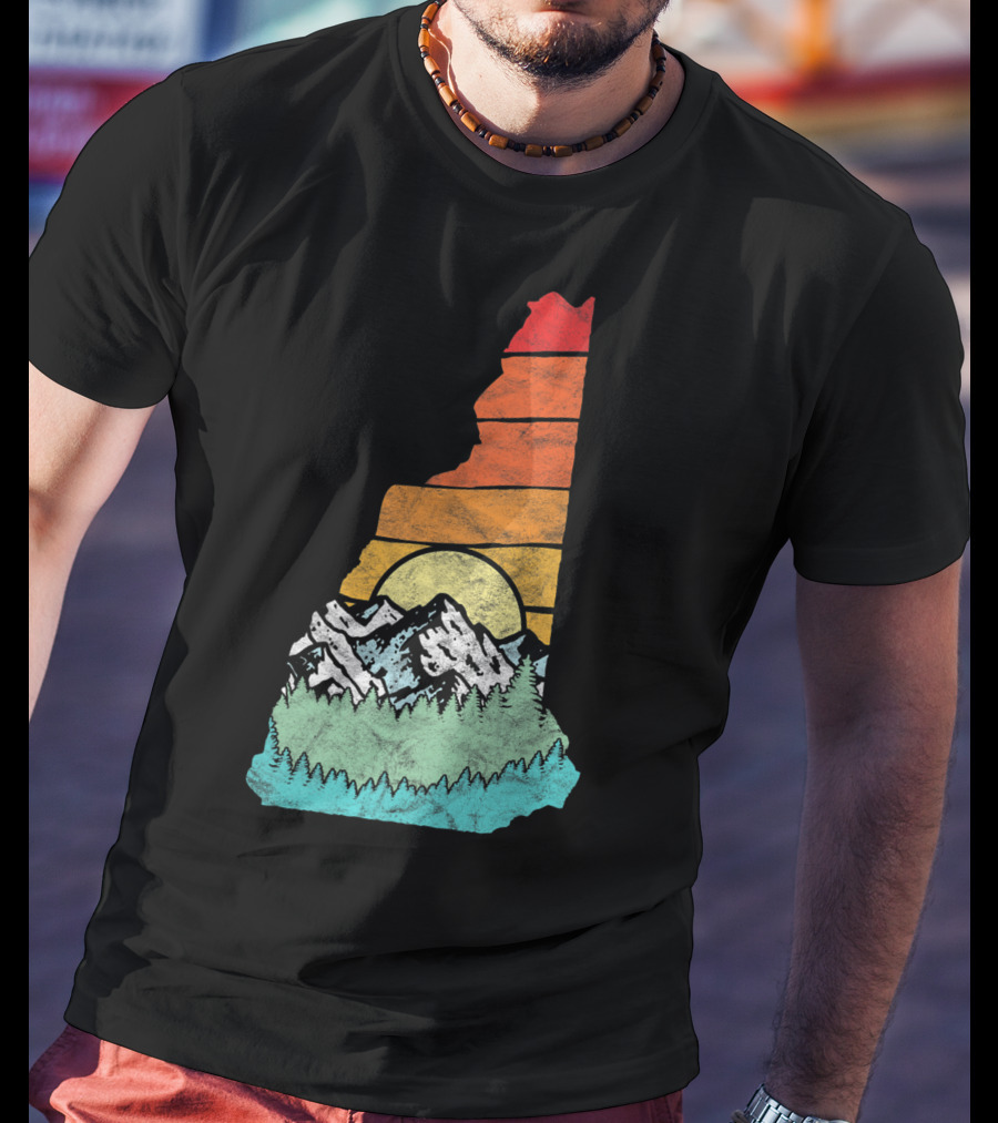 Retro New Hampshire State Outline With Mountains And Forest Sunset T-Shirt