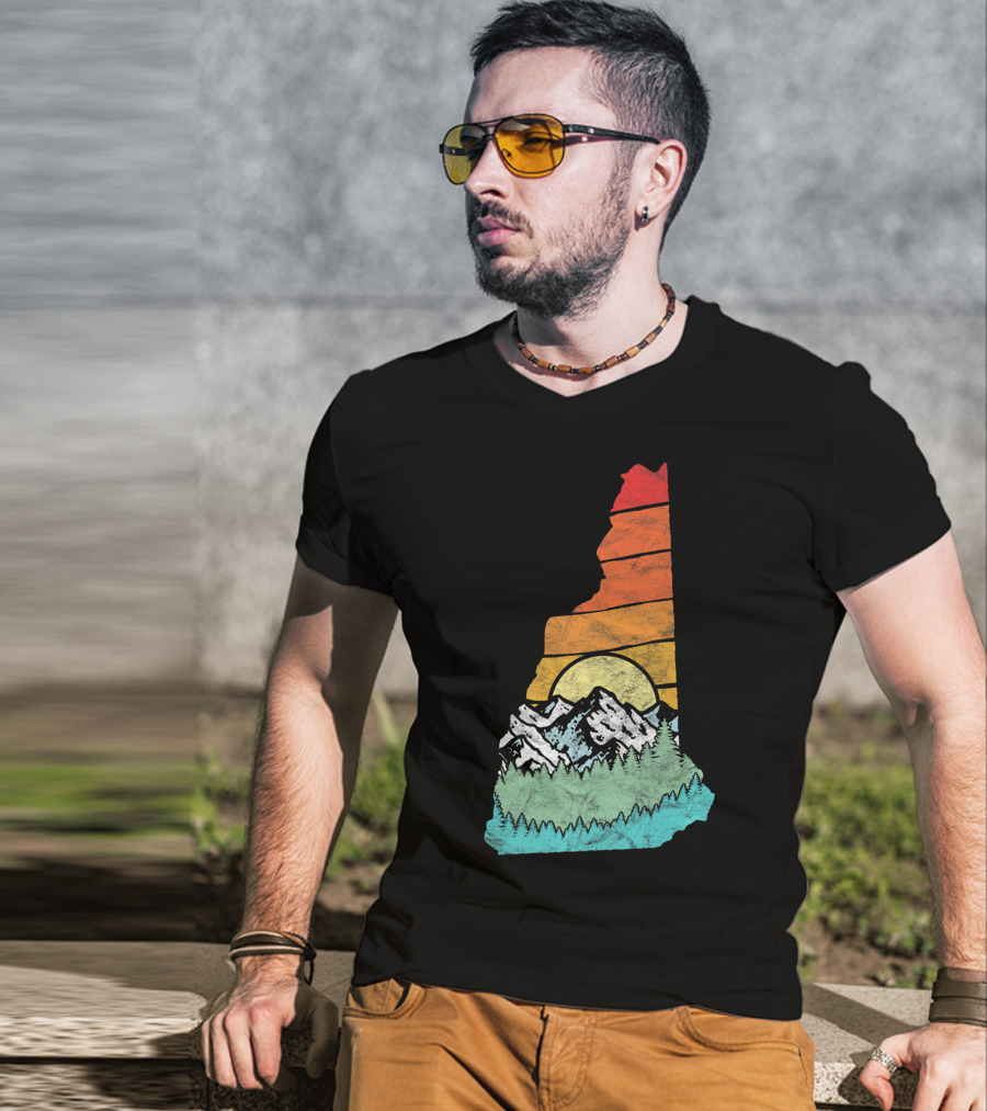 Retro New Hampshire State Outline With Mountains And Forest Sunset T-Shirt