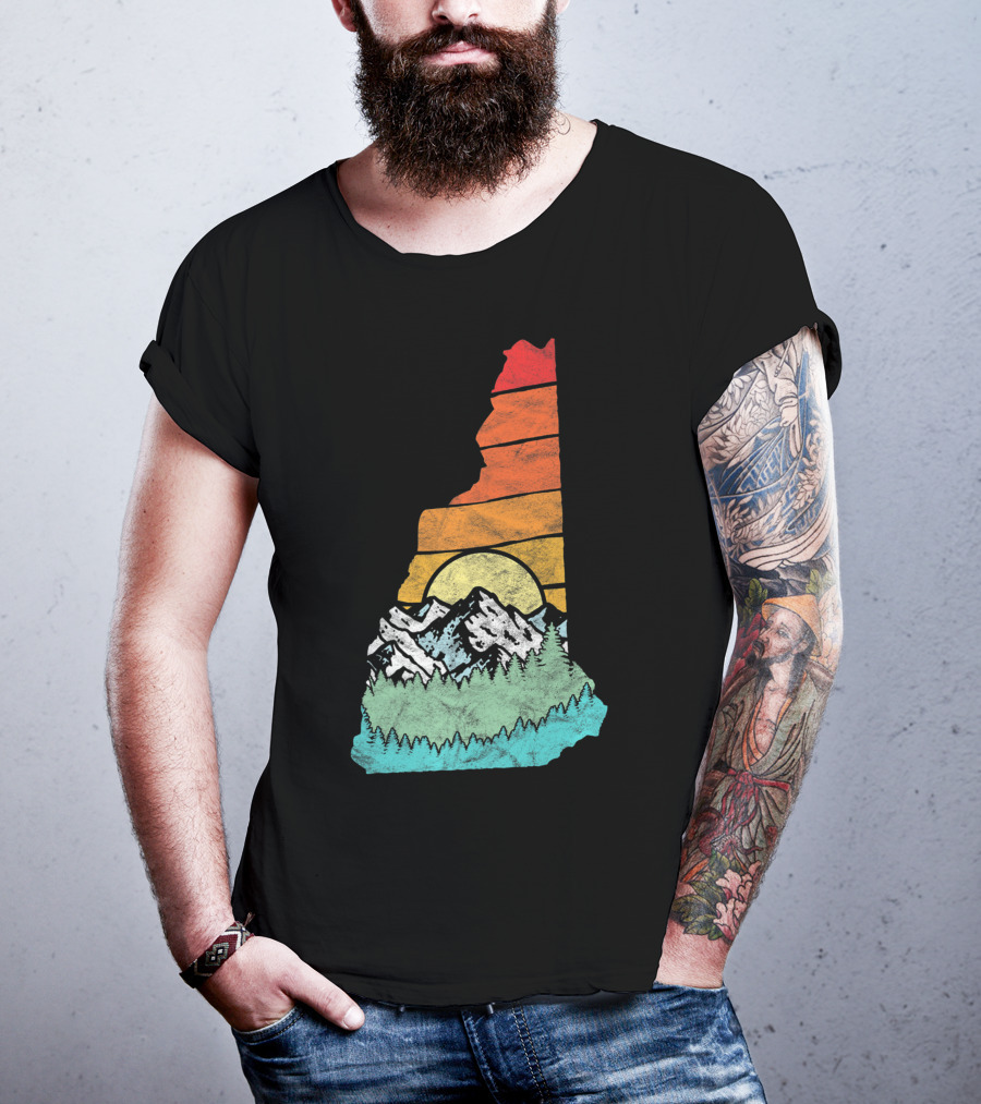 Retro New Hampshire State Outline With Mountains And Forest Sunset T-Shirt