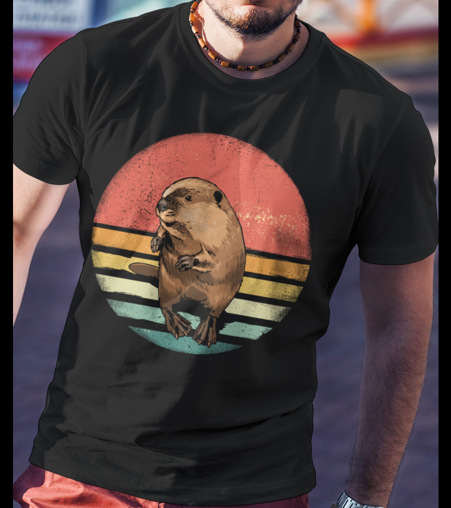 Retro Vintage Castor Nature Lover With Striped Sunset Circle T-Shirt