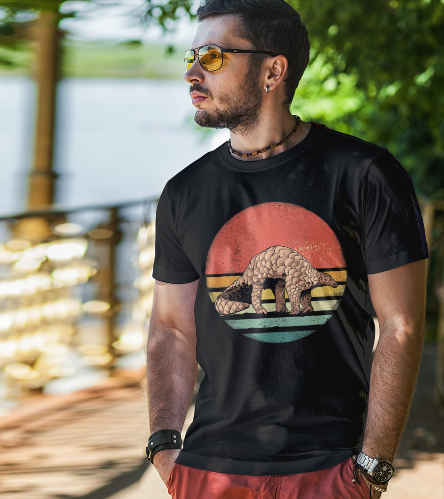 Retro Vintage Pangolin Nature Lover Sunset Stripes T-Shirt