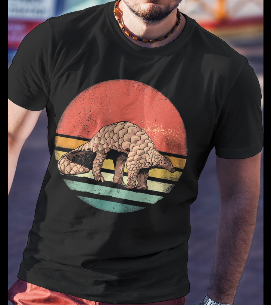 Retro Vintage Pangolin Nature Lover Sunset Stripes T-Shirt