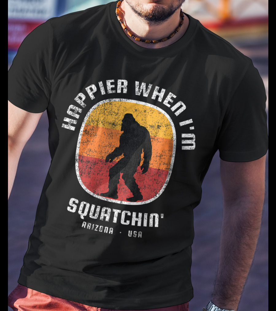 Happier When I'm Squatchin' Arizona USA Sasquatch Silhouette Retro Stripes T-Shirt