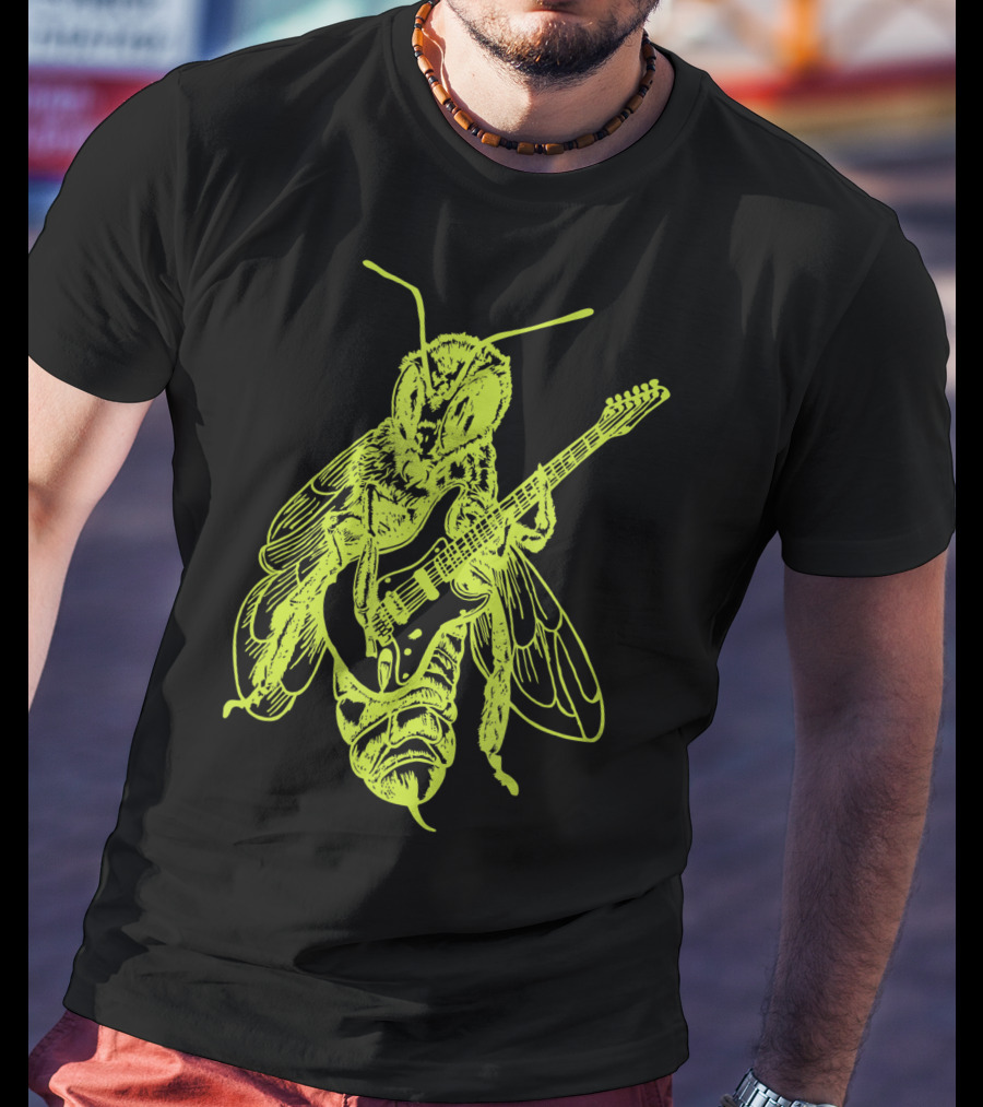Seembo Bee Playing Guitar Musician Fun Band Guitarist T-Shirt