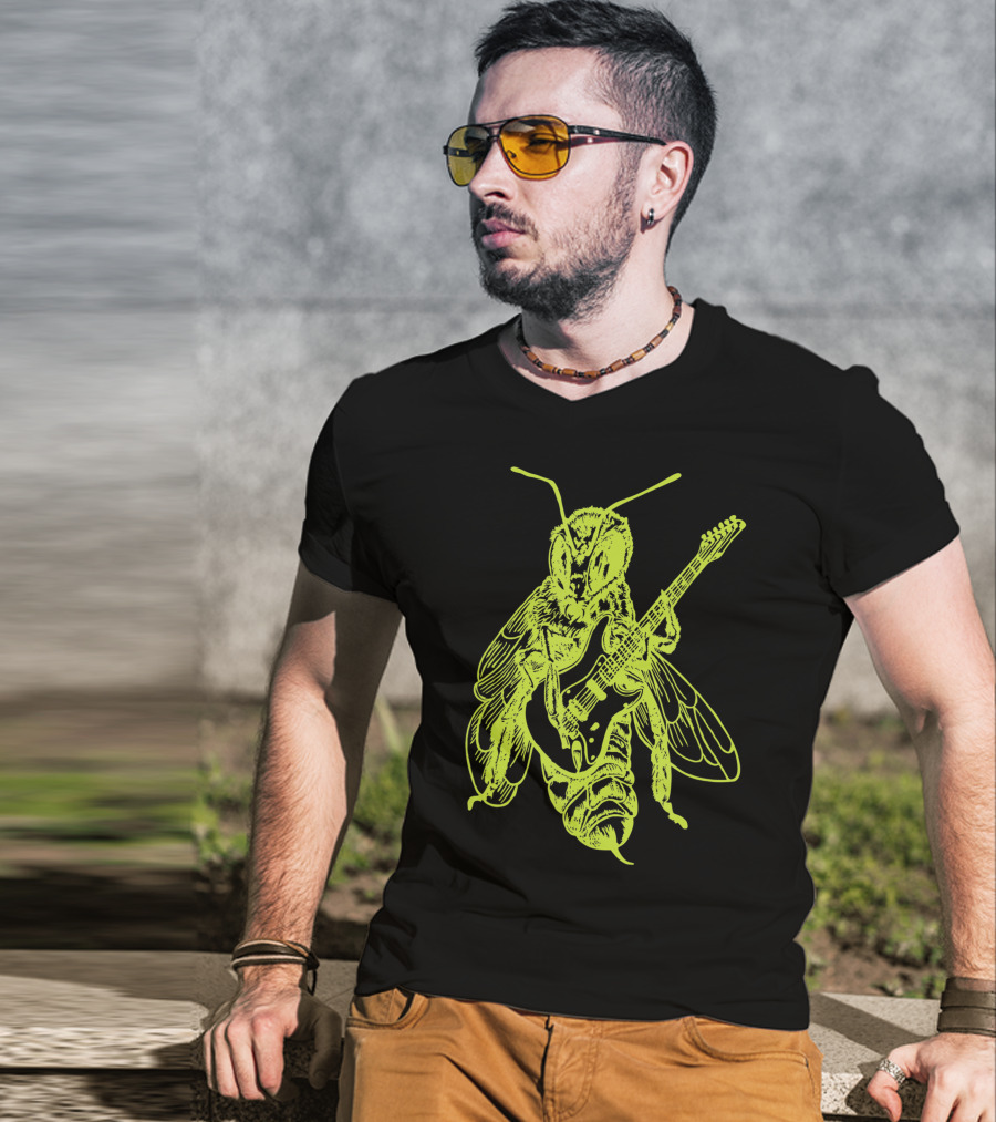 Seembo Bee Playing Guitar Musician Fun Band Guitarist T-Shirt