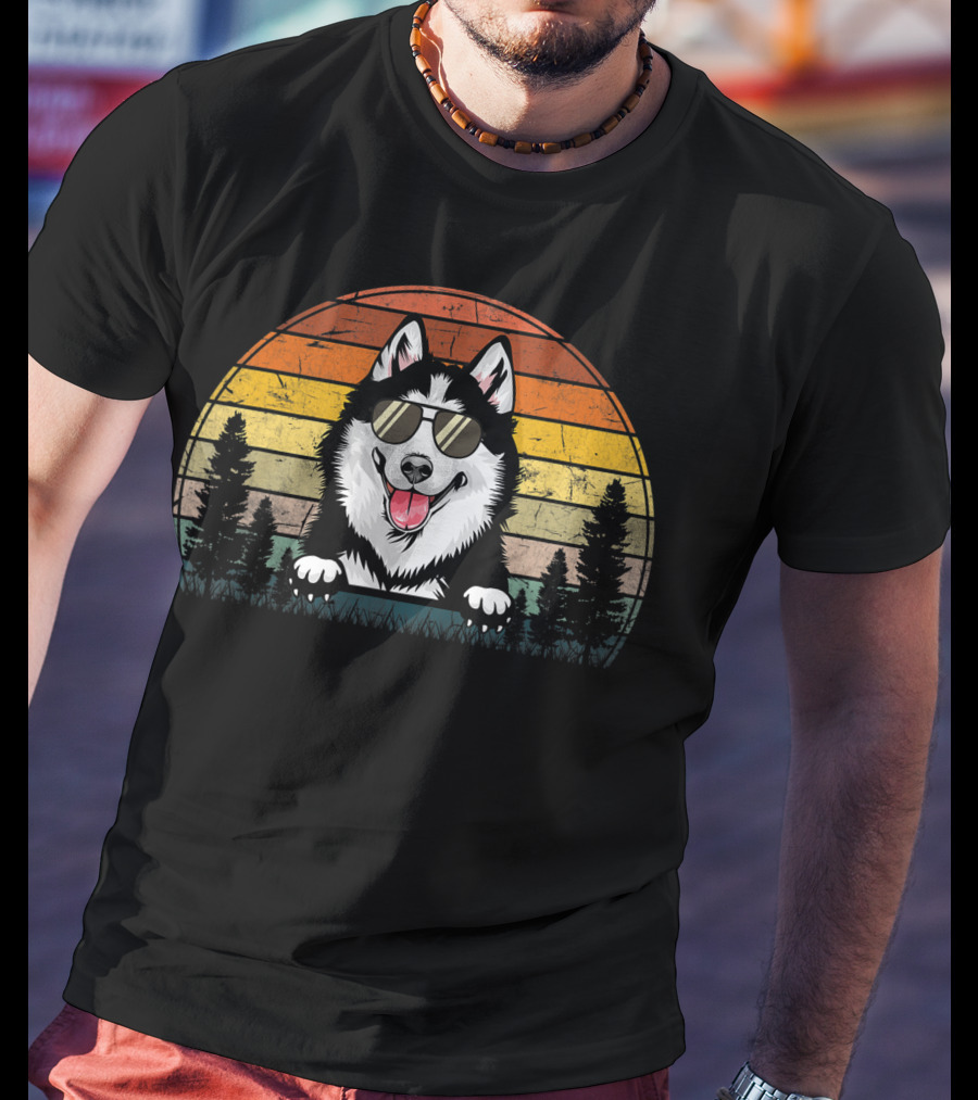 Siberian Husky Dog Xmas Retro Sunset Sunglasses T-Shirt