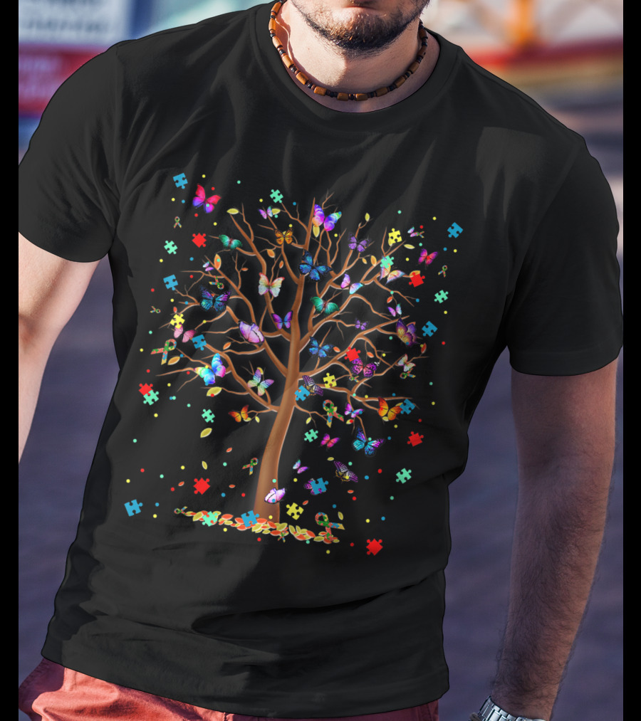 Tree Of Life Autism Support With Colorful Butterflies And Puzzle Pieces T-Shirt
