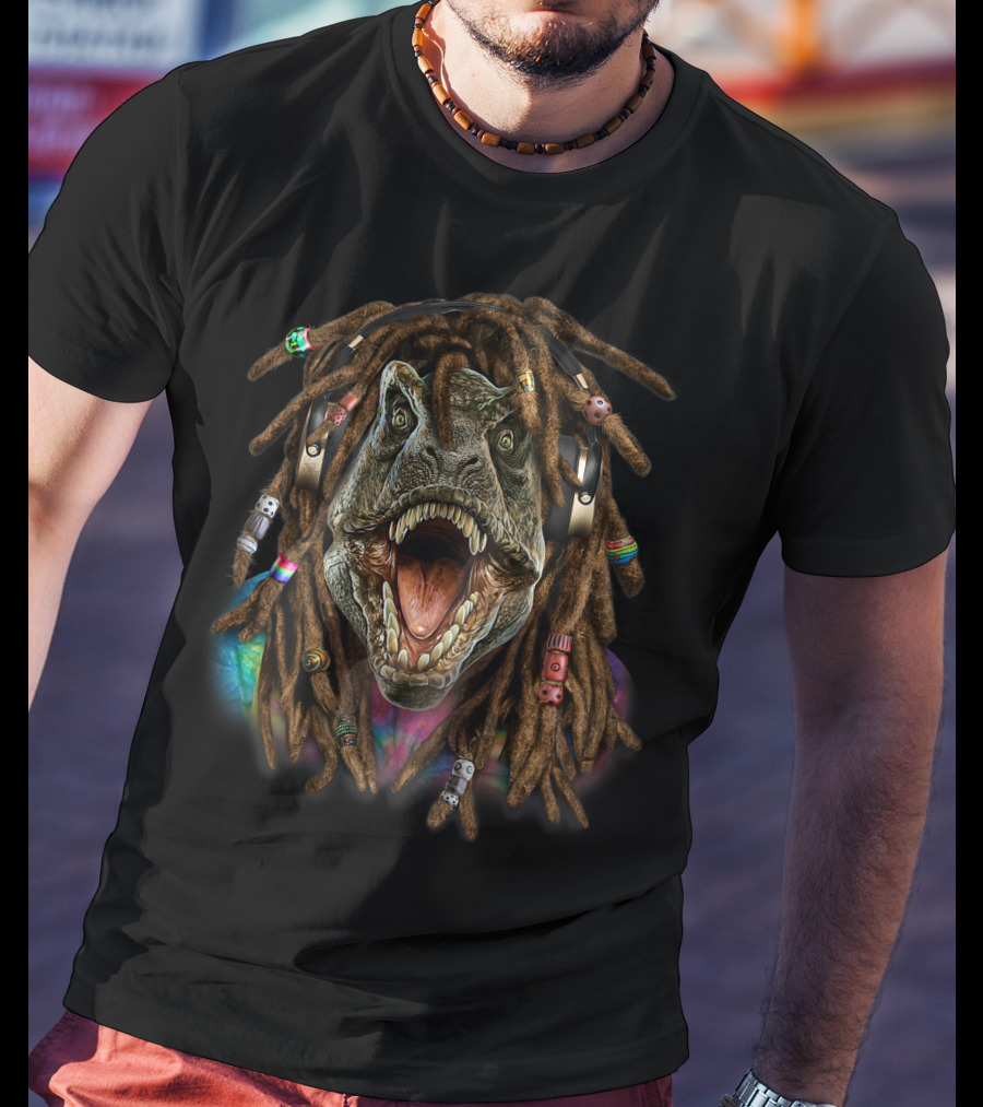 Tyrannosaurus Rex Dinosaur Reggae Dreadlocks Headphones Tie-Dye T-Shirt