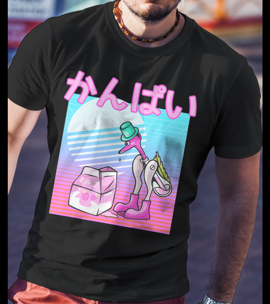 Vaporwave Strawberry Milk Kanpai Drinking Bird Toy Japanese T-Shirt