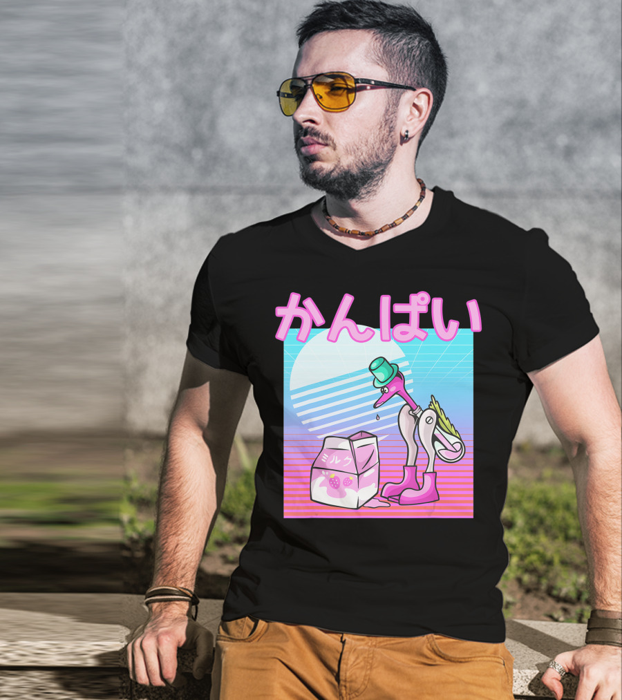 Vaporwave Strawberry Milk Kanpai Drinking Bird Toy Japanese T-Shirt