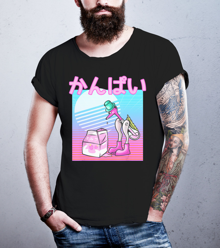 Vaporwave Strawberry Milk Kanpai Drinking Bird Toy Japanese T-Shirt