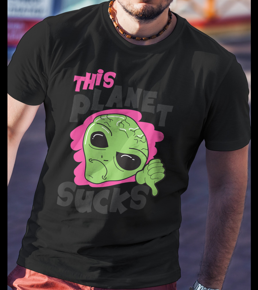 Green Alien Head Face This Planet Sucks Thumbs Down T-Shirt