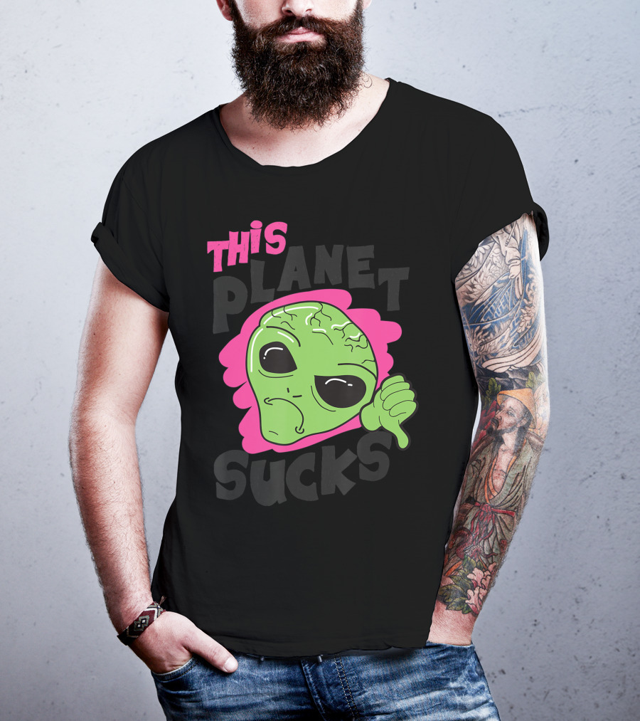Green Alien Head Face This Planet Sucks Thumbs Down T-Shirt