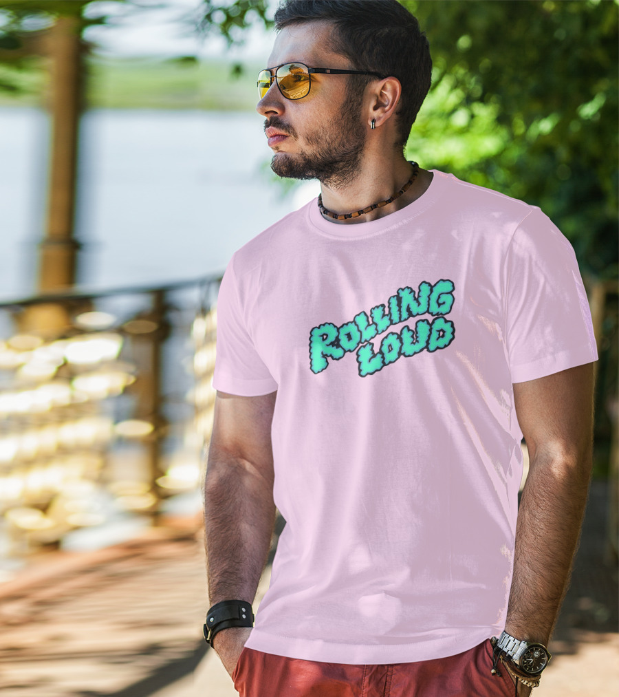 Rolling Loud Puffy Text Design On Pastel Pink Background T-Shirt