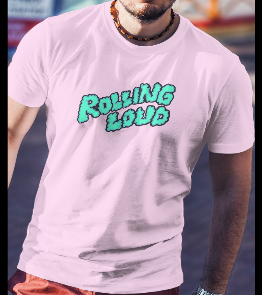 Rolling Loud Puffy Text Design On Pastel Pink Background T-Shirt